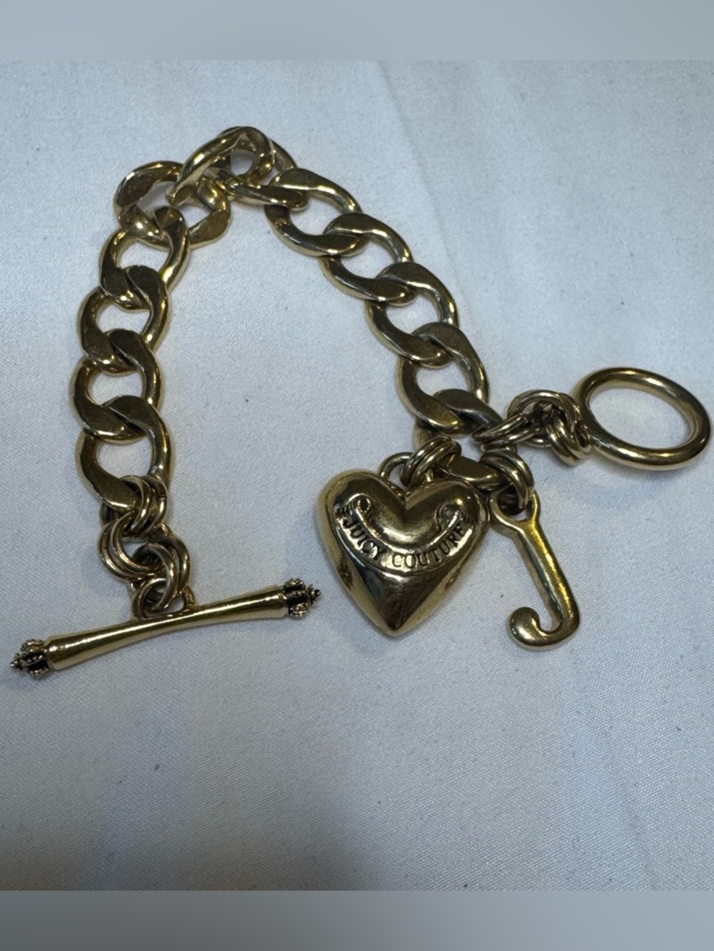 Juicy Couture Gold-Tone Heart Charm Toggle Bracelet with 'J' Initial